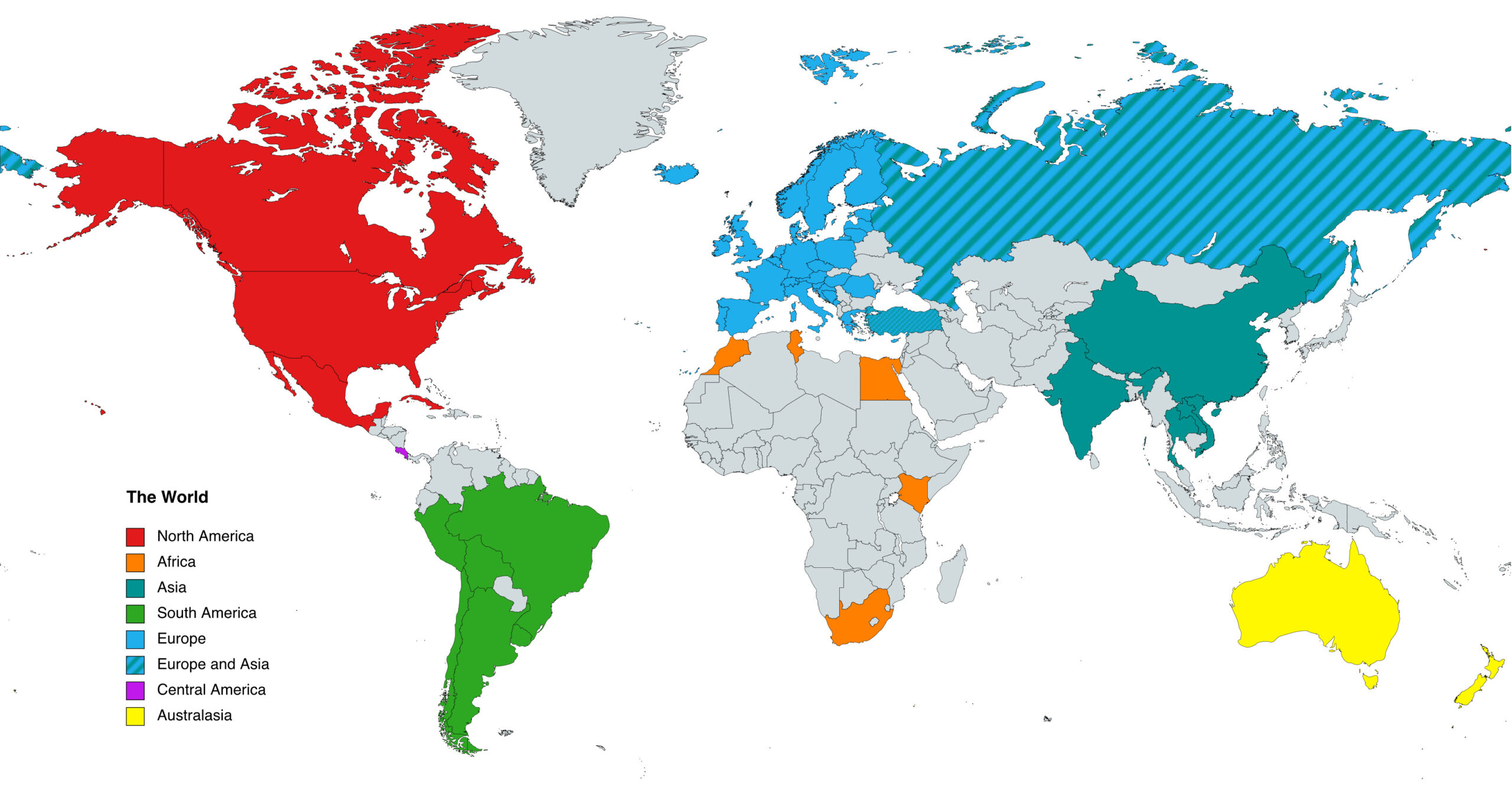 A world map with the 59 countries that we have visited coloured in.