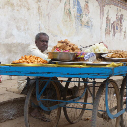 Street Vendor Nawalgarh Photos of India, man sat with food cart in Nawalgarh