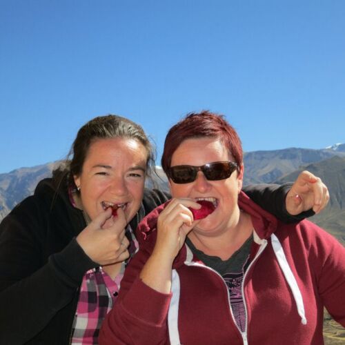 Photos of Peru, Claire and Kerry eating a cactus fruit