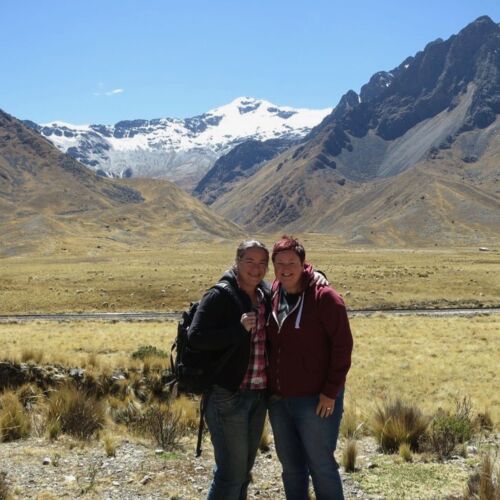 Photos of Peru, Kerry and Claire with Mountain views