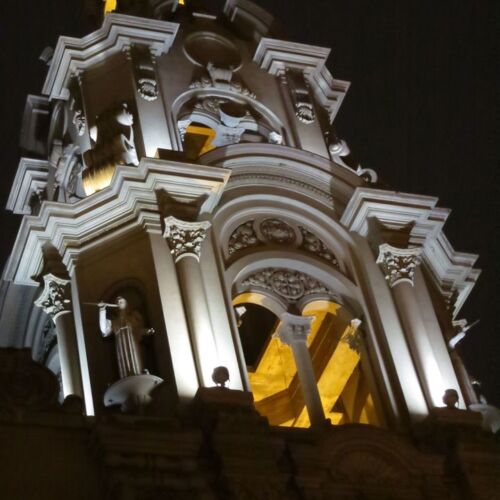 Photos of Peru, the cathedral dome in Arequipa lit up at night