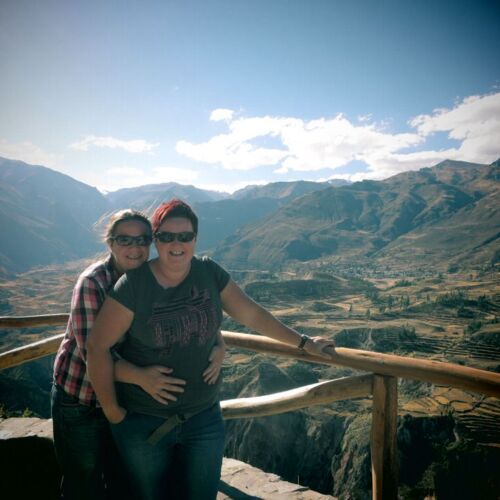 Photos of Peru, Claire and Kerry with the view of the colca Valley, lush green Incan terracing and mountains.