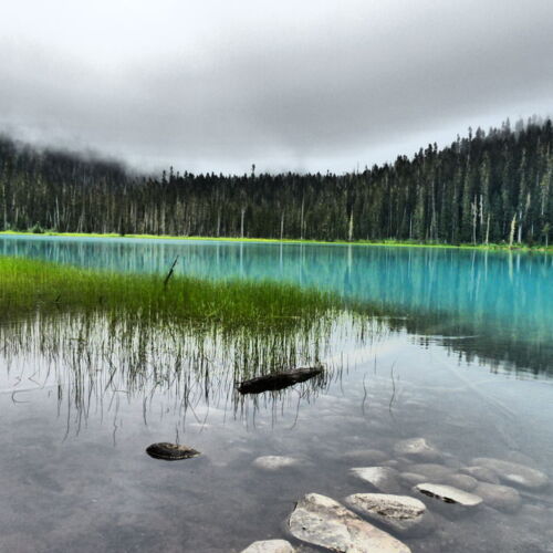 V, A lake view with beautiful blue and green hues.