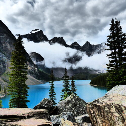 Photos of Canada, lake, trees and cloud covered mountains
