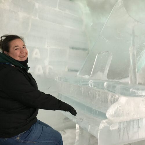 Ice piano, Ice hotel, Romania Claire ‘playing’ an ice piano