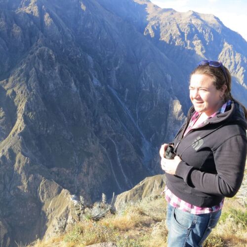 Claire watching the Condors rise at the Colca Canyon The Colca Canyon in Peru, with Claire