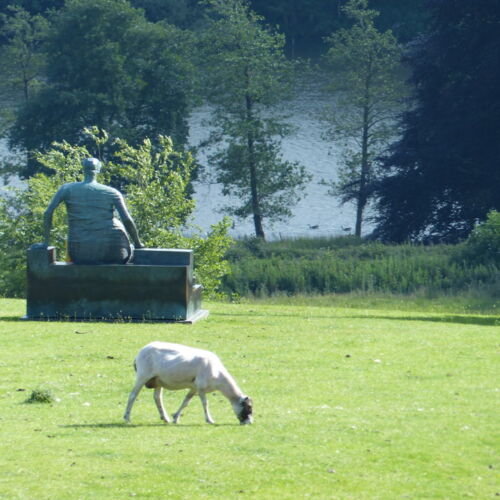 Draped seated woman by Henry Moore (1957-58) Sculpture of a woman seated with a sheep in the foreground
