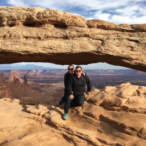 Mesa Arch, Arches NP Kerry and Claire at Mesa arch with mountains in the background