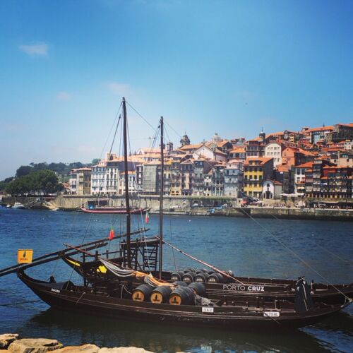 Ribeira Old port boats and historic houses at the harbour.