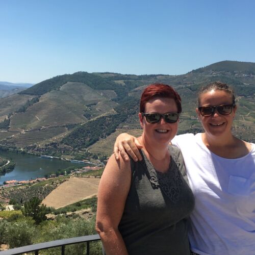 The Douro Valley Kerry and Claire high above vineyards